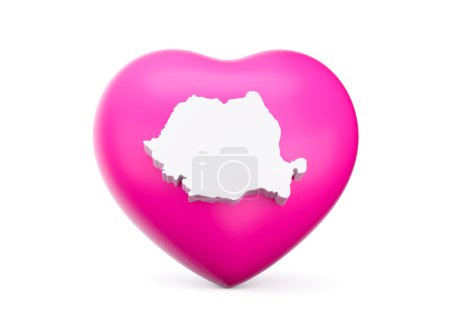 Pink Heart With White Map Of Romania Isolated On White Background 3d Illustration