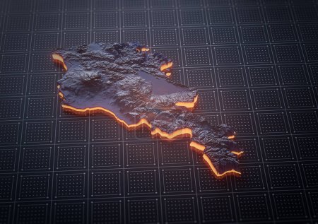 Mapa de Armenia Relieve sombreado monocromático Mapa texturizado con ilustración en 3D de la frontera de neón naranja