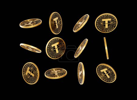 Fallende goldene und schwarze Kryptowährung Tether gerundete Münzen auf schwarzem Hintergrund 3D-Illustration