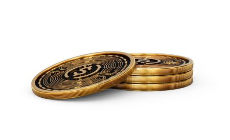 Stapel goldener Kryptowährung USD-Münzen USDC Abgerundete Münzen Stapel weißer Hintergrund 3D-Illustration