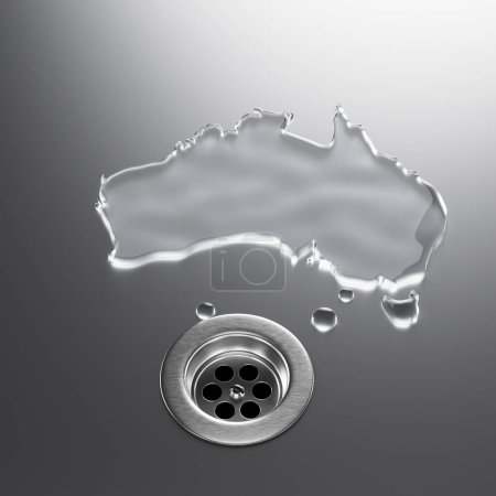 Carte de l'eau de l'Australie avec évier en métal de drainage Économisez l'eau et le concept de déchets d'eau Illustration 3D