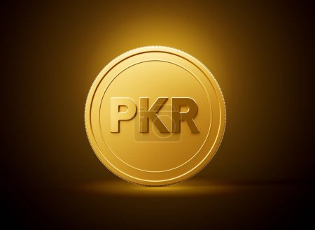 Goldene glänzende abgerundete pakistanische Rupie PKR-Münze auf glänzend goldenem Glühen Hintergrund 3D-Illustration