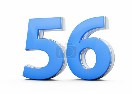 Número 3D 56 Cincuenta y seis hecho del cuerpo azul con el contorno de plata en el fondo blanco Ilustración 3D