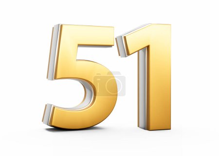 3D dorado brillante número 51 Cincuenta y uno con contorno de plata sobre fondo blanco Ilustración 3D