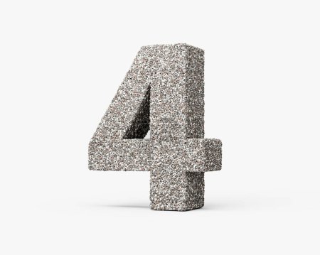 Numéro quatre 4 chiffres faits de fragments de roche ou de graviers isolés sur fond blanc Illustration 3d