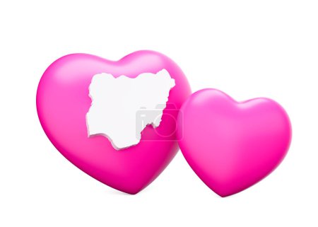 Shiny Pink Hearts With White Map Of Nigeria Isolated On White Background 3d Illustration