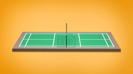 Badmintonplatz mit Netz, weiße Linien markieren die Grenzen auf grünem Boden 3D-Illustration