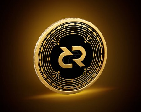 Goldene und schwarze abgerundete Kryptowährung Decred DCR-Münze auf goldenem Glühen Hintergrund 3D-Illustration