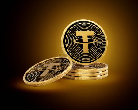 Stapel von goldenen Kryptowährungen Tether USDT-Münzen auf glänzend goldenem Glühen Hintergrund 3D-Illustration