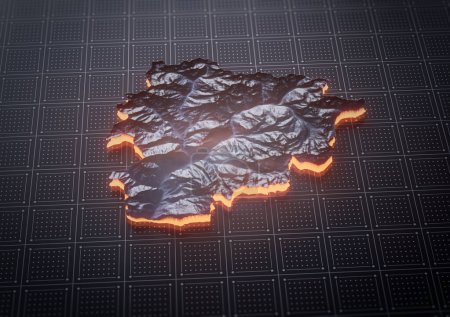 Andorra-Karte Monochromatische Relief-strukturierte Karte mit orangefarbenem Neon-Rand 3D-Illustration