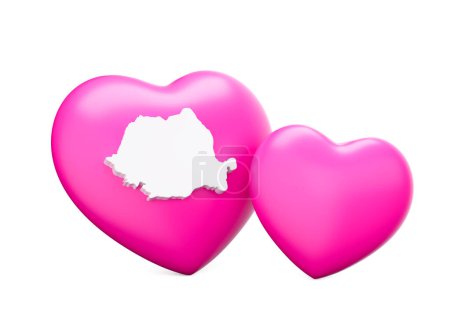 Glänzend rosa Herzen mit weißer Landkarte Rumäniens isoliert auf weißem Hintergrund 3D-Illustration
