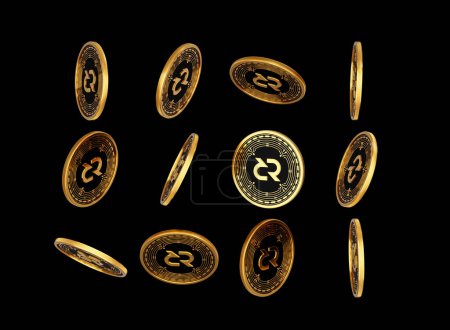 Falling Golden And Black Cryptocurrency Decred DCR Rounded Coins On Black Background 3d Illustration