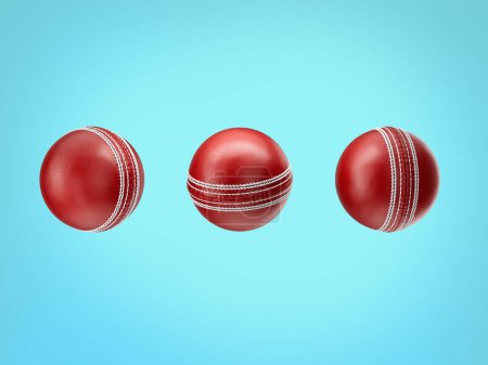 Three Shiny New Test Match Leather Stitched Cricket Balls On Cyan Background 3D Illustration