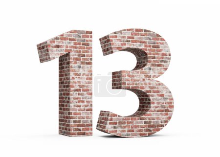 Numéro treize 13 chiffres en vieux mur de texture grunge de briques Illustration 3D de fond blanc