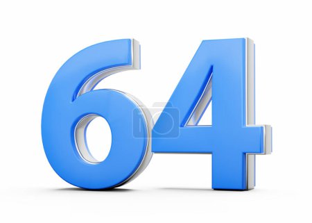 Número 3D 64 Sesenta y cuatro hecho de cuerpo azul con contorno de plata sobre fondo blanco Ilustración 3D