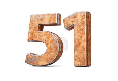Número cincuenta y uno 51 dígitos hechos de hierro oxidado viejo metal textura fondo blanco 3d ilustración