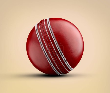 Glänzendes neues Testmatch aus Leder genäht Cricketball auf beigem Hintergrund 3D-Illustration