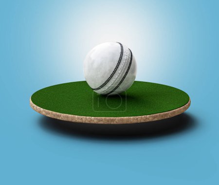 Glänzend weißes Leder genäht ODI Cricketball mit abgerundetem grünem Gras Bodenfeld 3D-Illustration