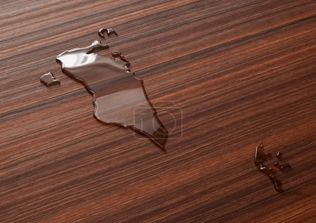Bahrain Map Made Of Transparent Liquid Water On Wooden Floor Save Water Concept 3D Illustration