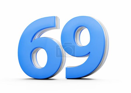 Número de 3D 69 Sesenta y nueve hecho del cuerpo azul con el contorno de plata en el fondo blanco Ilustración 3D