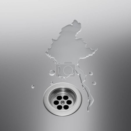 Mapa del agua de Birmania con el fregadero del metal del drenaje Ahorre el agua y el concepto del desperdicio del agua Ilustración 3D