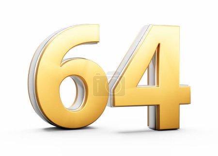 Número brillante oro 64 sesenta y cuatro 3D con el contorno de plata sobre fondo blanco Ilustración 3D