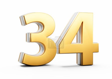 3D oro brillante número 34 treinta y cuatro con el contorno de plata en el fondo blanco Ilustración 3D
