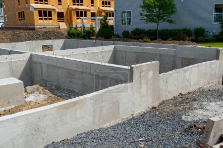 Photo for Concrete foundation for a new house cement formwork - Royalty Free Image