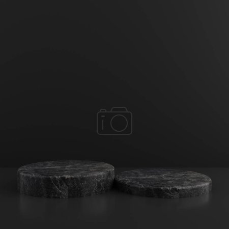 Minimalist simple marble cylinder podium or pedestal display with dark color background for product presentation. 3d rendering