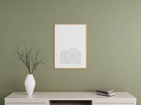 Photo for Minimalist vertical wooden poster or photo frame mockup on the wall with book and decoration. 3d rendering. - Royalty Free Image