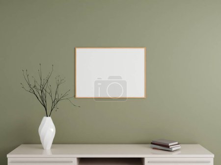 Photo for Minimalist horizontal wooden poster or photo frame mockup on the wall with book and decoration. 3d rendering. - Royalty Free Image