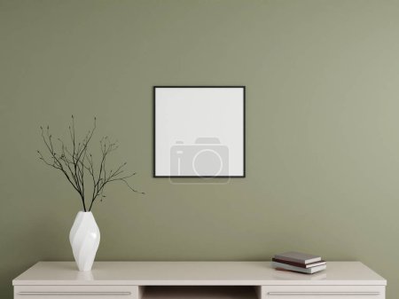 Photo for Minimalist square black poster or photo frame mockup on the wall with book and decoration. 3d rendering. - Royalty Free Image