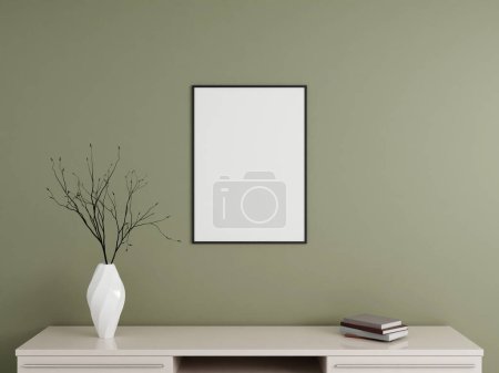 Photo for Minimalist vertical black poster or photo frame mockup on the wall with book and decoration. 3d rendering. - Royalty Free Image
