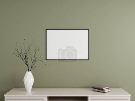 Photo for Minimalist horizontal black poster or photo frame mockup on the wall with book and decoration. 3d rendering. - Royalty Free Image
