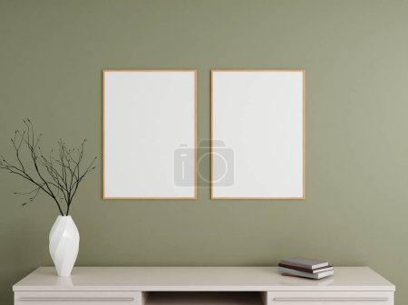 Photo for Minimalist vertical wooden poster or photo frame mockup on the wall with book and decoration. 3d rendering. - Royalty Free Image