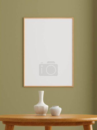 Photo for Minimalist vertical wooden poster or photo frame mockup on the wall in the living room. 3d rendering. - Royalty Free Image