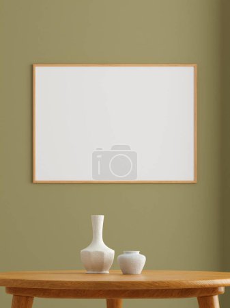 Photo for Minimalist horizontal wooden poster or photo frame mockup on the wall in the living room. 3d rendering. - Royalty Free Image