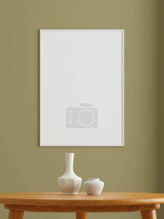 Photo for Minimalist vertical white poster or photo frame mockup on the wall in the living room. 3d rendering. - Royalty Free Image