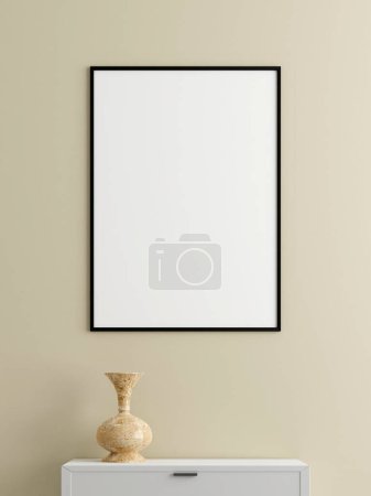 Photo for Minimalist vertical black poster or photo frame mockup on the wall in the living room with desk. 3d rendering. - Royalty Free Image