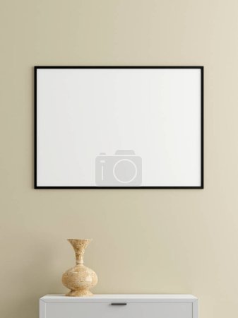Photo for Minimalist horizontal black poster or photo frame mockup on the wall in the living room with desk. 3d rendering. - Royalty Free Image
