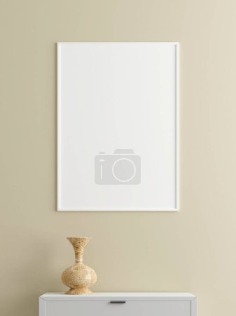 Photo for Minimalist vertical white poster or photo frame mockup on the wall in the living room with desk. 3d rendering. - Royalty Free Image