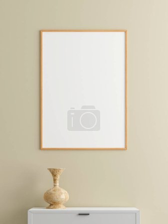 Photo for Minimalist vertical wooden poster or photo frame mockup on the wall in the living room with desk. 3d rendering. - Royalty Free Image