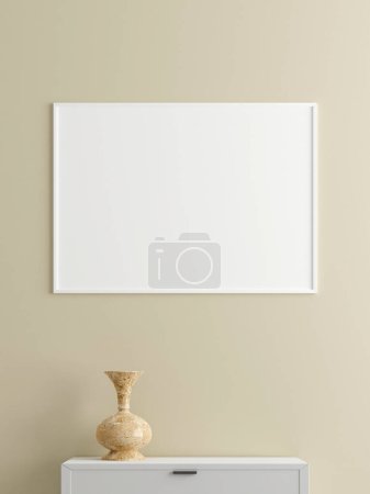 Photo for Minimalist horizontal white poster or photo frame mockup on the wall in the living room with desk. 3d rendering. - Royalty Free Image