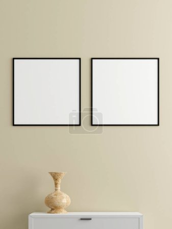 Photo for Twin minimalist square black poster or photo frame mockup on the wall in the living room with desk. 3d rendering. - Royalty Free Image