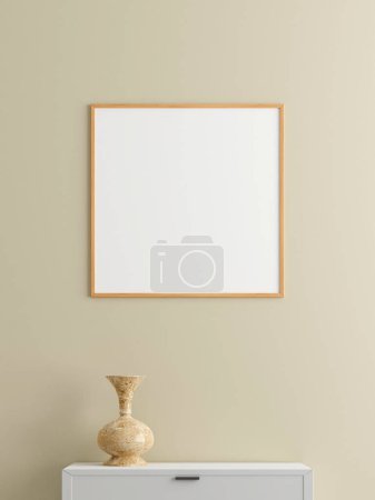 Photo for Minimalist square wooden poster or photo frame mockup on the wall in the living room with desk. 3d rendering. - Royalty Free Image