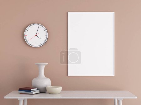 Photo for Modern and minimalist vertical white poster or photo frame mockup on the wall in the living room. 3d rendering. - Royalty Free Image