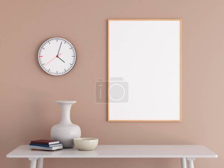 Photo for Modern and minimalist vertical wooden poster or photo frame mockup on the wall in the living room. 3d rendering. - Royalty Free Image