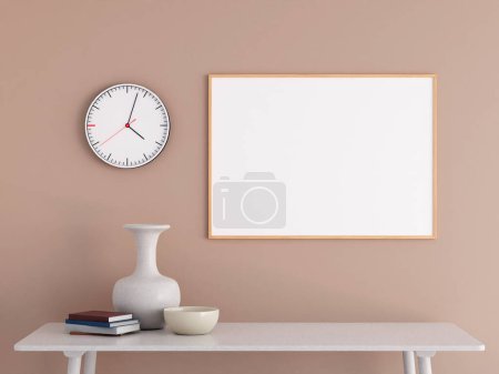 Photo for Modern and minimalist horizontal wooden poster or photo frame mockup on the wall in the living room. 3d rendering. - Royalty Free Image