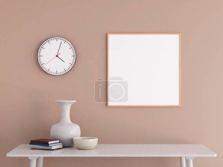 Photo for Modern and minimalist square wooden poster or photo frame mockup on the wall in the living room. 3d rendering. - Royalty Free Image