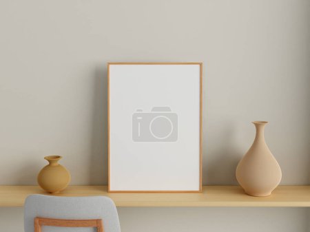 Téléchargez les photos : Modern and minimalist vertical wooden poster or photo frame mockup on the wall in the living room. 3d rendering. - en image libre de droit